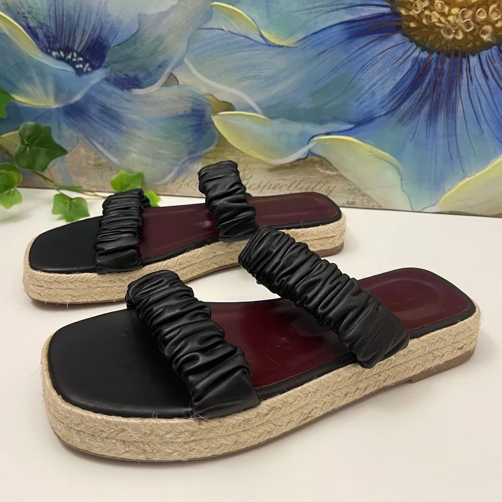 STAUD Maya Leather Ruched Double Strap Espadrille Platform Sandals Sz‎ 37 / US 7